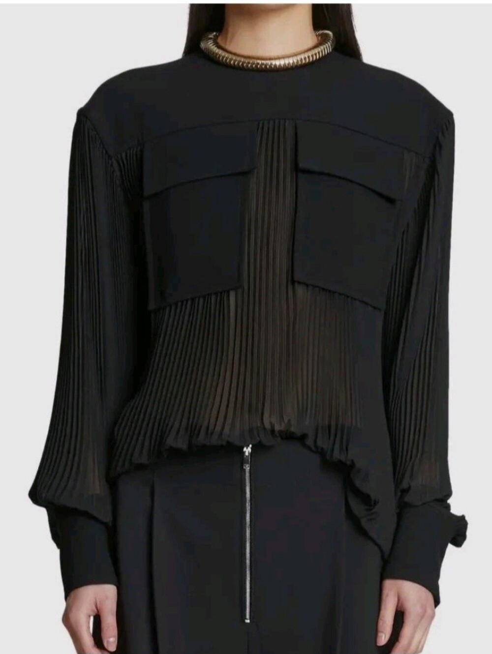 Proenza Schouler Black Sheer Pleated Long Sleeve Top with Front Pockets Sz M